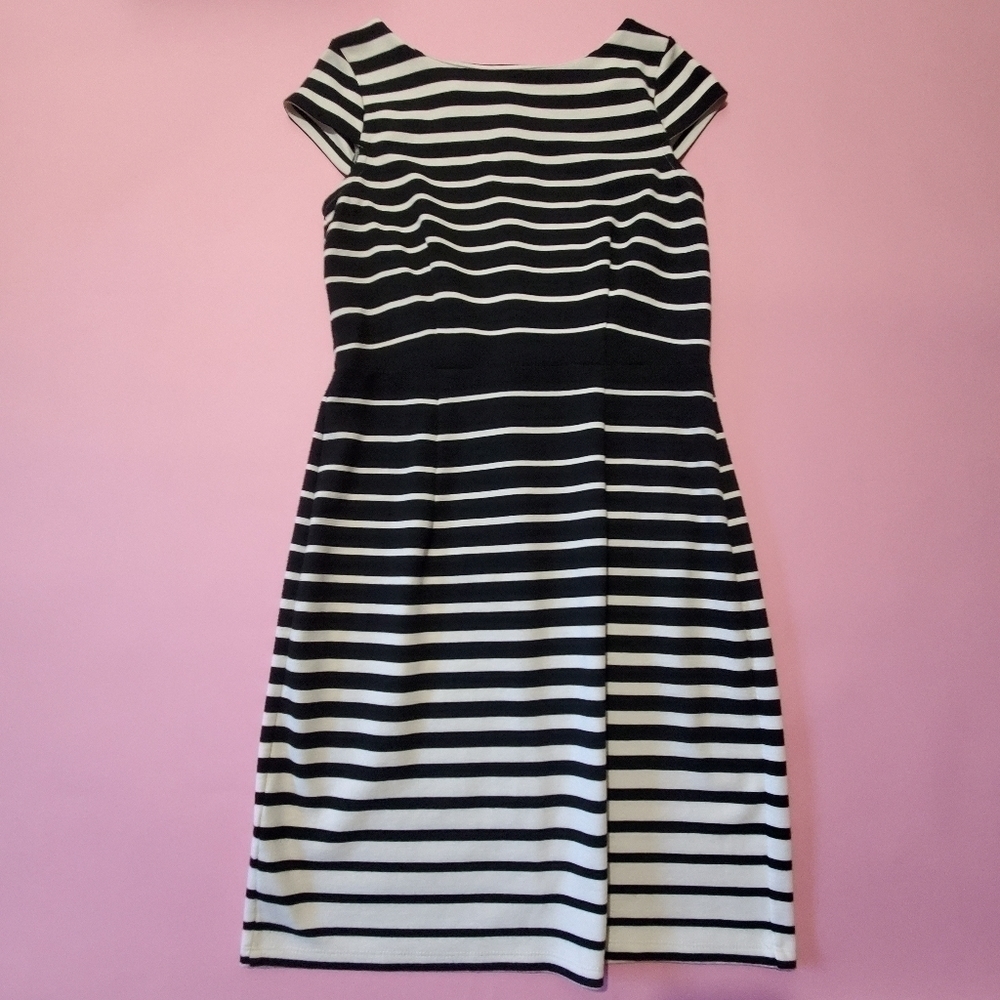 Loft Black and Cream Off White Stripped Knit Dress Professional Work Girl Boss - Picture 1 of 3